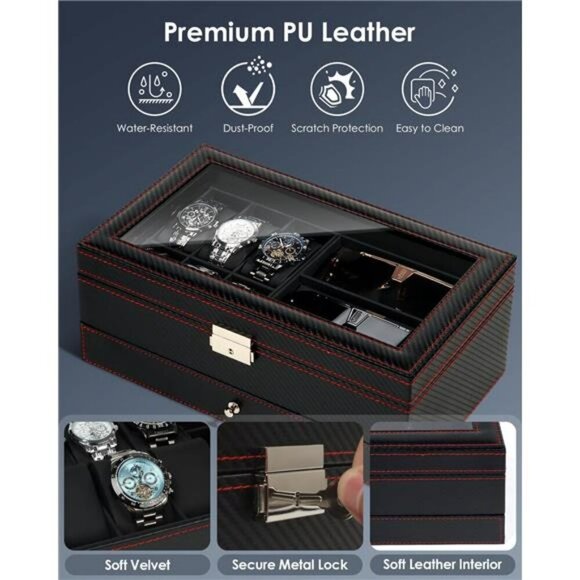 Mens Watch Jewelry Box Organizer with Glass Lid Sunglass Storage Gift Case - Picture 5 of 7